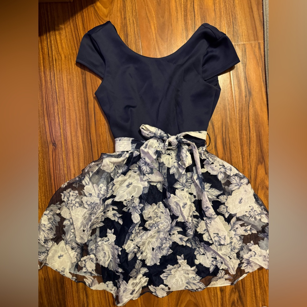 Formal wear mini dress, navy blue floral white bottom